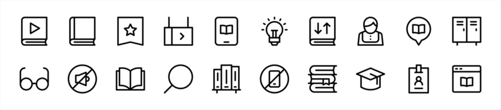 Set of library icons. 20 sets of library icons. library icons. Simple line library icons