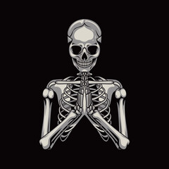 vector illustration of praying pose skeleton. front view of skeleton praying.