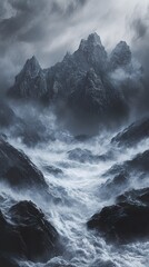 Poster - Dramatic Seascape: Stormy Ocean Meets Majestic Mountains