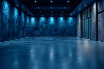 Poster - stock photo features an empty dark blue studio with a grey concrete floor, soft blue lighting, and ample space for product display and text on wall