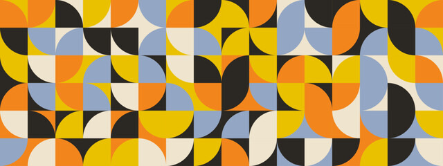 Poster - Bright curve seamless pattern. Abstract geometric mid century background. Colorful Swiss modernist or postmodernist style wallpaper. Vector modular repeating overlay. Mural backdrop concept