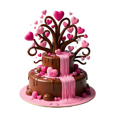 Wall Mural - Whimsical chocolate tree heart decorations cascading waterfall cake Valentine's theme