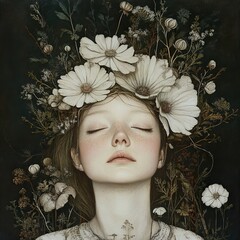 Poster - Serene Girl with Floral Crown: A Dreamy Portrait