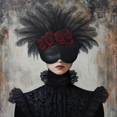 Wall Mural - Mysterious Woman in Black Lace Dress and Feather Mask