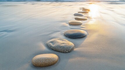 Wall Mural - Sunset beach stones path; ocean waves background