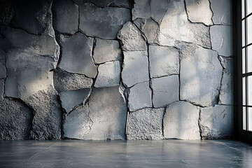 Poster - A 3D gray concrete wall with a cracked texture pattern serves as a backdrop to a gray cement floor, creating a banner background for loft design concepts