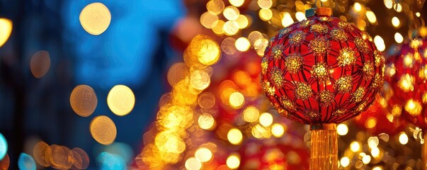 Aufkleber - Chinese new year lighting idea. Vibrant Chinese lantern illuminates a festive night with colorful bokeh lights.