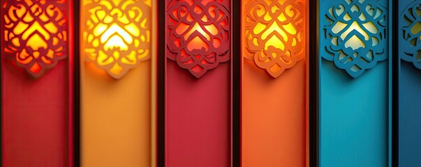 Aufkleber - Chinese new year festival idea. Vibrant lanterns casting colorful lights on decorative panels.
