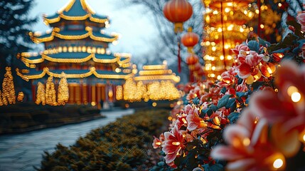 Poster - Chinese new year festival idea. Enchanting illuminated garden scene with flowers and traditional architecture at dusk.