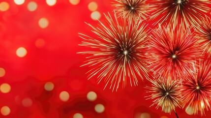 Poster - Chinese new year fireworks concept. Colorful fireworks bursting against a vibrant red background, celebrating joyful occasions.
