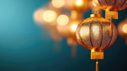 Poster - Chinese new year lighting idea. Elegant lanterns glowing softly against a tranquil blue background, symbolizing celebration.