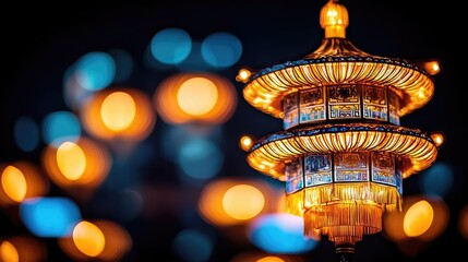 Poster - Chinese new year lighting idea. A beautifully illuminated traditional lantern glowing against a vibrant bokeh background.