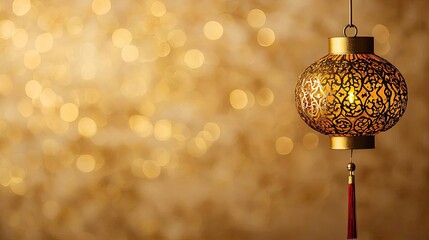 Poster - Chinese new year lighting idea. A beautifully ornate lantern hanging against a soft golden background, perfect for celebrations.