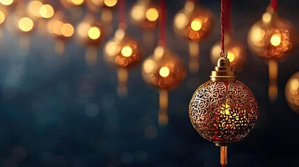 Poster - Chinese new year festival idea. Beautifully crafted decorative lanterns glowing softly in a dimly lit ambiance.