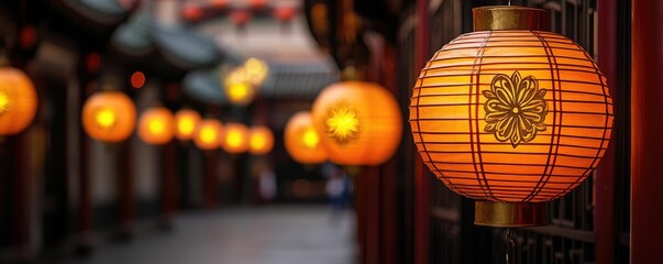 Poster - Chinese new year lighting idea. Beautiful street decorated with glowing lanterns in a festive atmosphere.