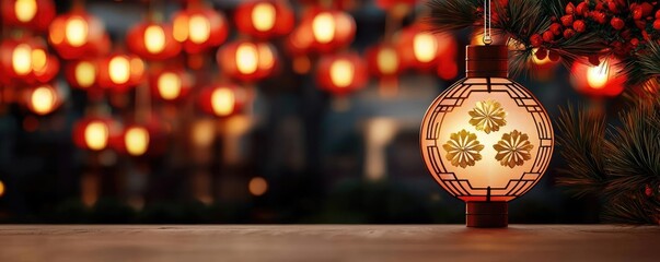 Poster - Chinese new year lighting idea. A beautiful lantern glows warmly against a backdrop of festive lights and celebration.