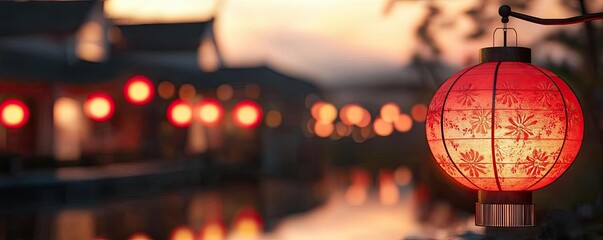 Poster - Chinese new year lighting idea. A red lantern illuminates a serene riverside scene during twilight.