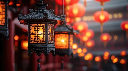 Poster - Chinese new year festival idea. Vibrant Chinese lanterns illuminating a festive atmosphere with intricate designs.