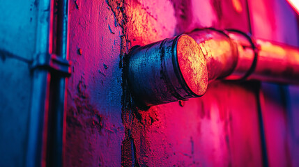 Poster - Vibrant industrial pipe against a textured wall illuminated by colorful lights