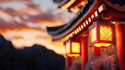 Poster - Chinese new year lighting idea. A close-up view of a beautifully lit lantern at sunset, showcasing intricate design.