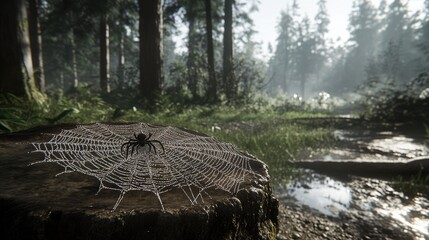 A close-up of a spider's web glistening with morning dew in a forest.
