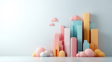 Poster - Stunning futuristic pastel cityscape featuring sleek and modern architectural structures dynamic 3D patterns and a clean white setting with a high tech aesthetic