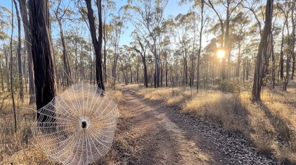 A close-up of a spider's web glistening with morning dew in a forest.
