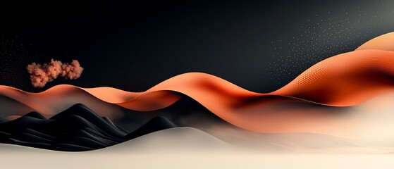 Poster - Mesmerizing atmospheric abstract scene featuring a dark background and a captivating wave like pattern created by pastel hued dots and flowing lines cascading across a minimalist mountainous horizon