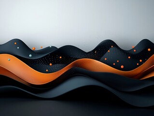 Poster - Captivating 3D abstract digital art background featuring a dynamic landscape of flowing pastel colored waves dots and mountainous terrain against a clean dark backdrop with a high definition