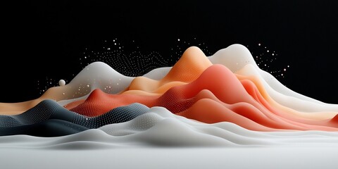 Poster - Ethereal Mountainous Landscape with Captivating Cascading Pastel hued Waves on Midnight Black Backdrop Surreal 3D Digital Rendering Exceptional Realism and Clean White Environment