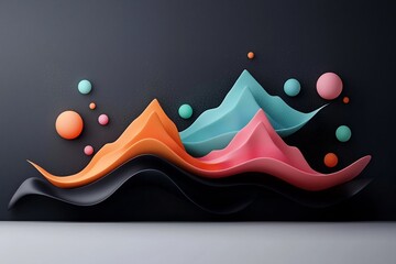 Poster - Moody abstract composition with a black base  pastel colored dots  and flowing lines creating a mountainous silhouette  Rendered in a clean white setting as a 3D digital artwork