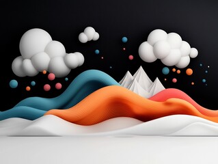Poster - Moody abstract composition featuring a midnight black backdrop and a captivating wave like formation of pastel dots and sinuous lines sweeping across a mountainous terrain