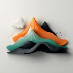 Poster - Brooding abstract 3D digital artwork composition featuring pastel hued dots and curving lines contouring a mountainous silhouette against a clean white setting with maximum