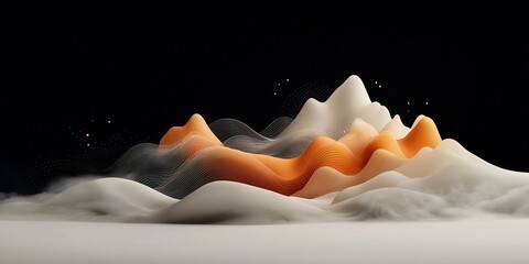 Poster - Captivating midnight black backdrop with a wave like formation of pastel hued dots and lines cascading across a mountainous 3D digital terrain