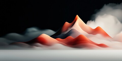 Poster - Dreamlike abstract dark background with pastel dots and dynamic lines creating a wave shaped mountain scene rendered in 3D with a seamless white setting and a