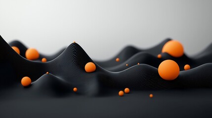 Poster - Minimalist abstract 3D rendered landscape composition featuring a dark moody background with a wave like pattern of mountains created using pastel colored dots and lines