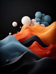 Poster - Moody abstract dark black environment with pastel colored dots and undulating lines evoking a wave like mountain topography 3D digital art on plain white