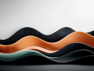 Poster - Stunning abstract digital rendering of a surreal mountainous landscape with pastel colored curving lines and dotted patterns against a stark black background