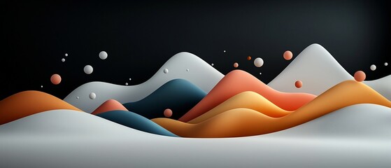 Poster - Captivating 3D rendered landscape with an ominous dark backdrop featuring a mesmerizing arrangement of pastel dots and abstract line work undulating across a mountainous scene in a environment