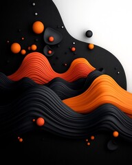 Poster - Dreamlike abstract dark environment with soft pastel dots and undulating lines composing a wave patterned mountain design 3D CGI on a plain white