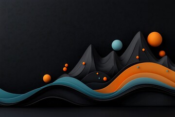 Poster - Serene abstract dark digital environment with pastel colored dots and undulating lines composing a wave patterned mountain landscape design 3D digital art on a plain white backdrop