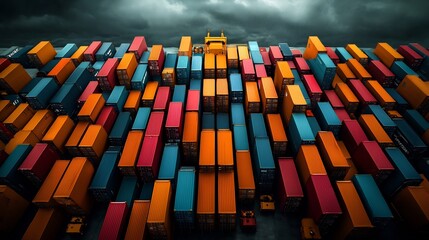 Poster - Colossal Colorful Cargo Terminal Bustling with Mechanical Efficiency under Storm Clouds   Massive offshore shipping facility with orderly rows of vibrant cargo containers being meticulously loaded