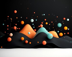 Poster - Captivating digital featuring a shadowy black foundation with a mesmerizing display of pastel colored dots and curving line work evoking a sense of movement across a mountainous landscape  The clean