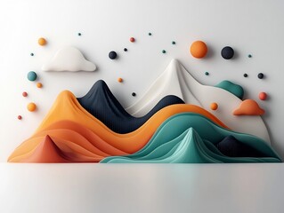 Poster - Striking and serene abstract landscape scene featuring pastel toned dots and flowing lines that evoke a mountainous formation rendered in 3D on a stark white background for a modern minimalist