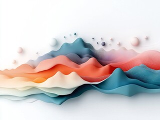 Poster - Moody abstract landscape featuring pastel mountains against a minimalist white backdrop with layered dot and line patterns creating a vibrant and captivating 3D digital art composition