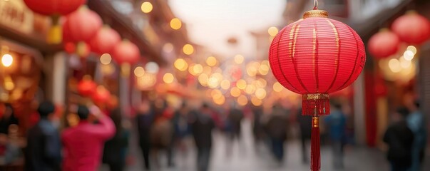 Aufkleber - Chinese new year fortune concept. Vibrant red lanterns illuminate a bustling street during a festive celebration.