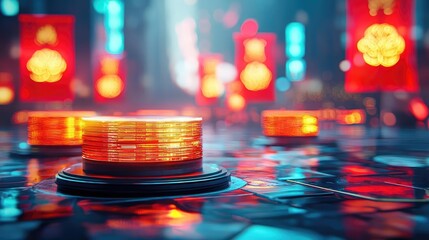 Poster - Chinese new year prosperity concept. Vibrant cityscape featuring glowing lanterns and colorful reflections at night.