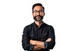 Casual man smiling with arms crossed and wearing glasses, isolated on white background
