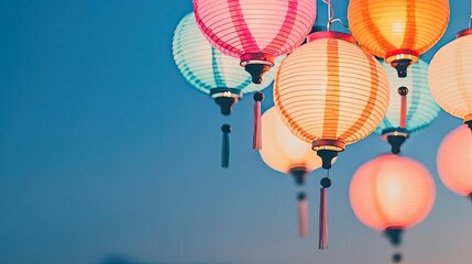 Poster - Chinese new year fortune concept. Vibrant paper lanterns illuminate the night sky with colorful hues and delicate designs.