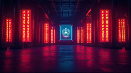 Aufkleber - Chinese new year fortune concept. Illuminated corridor with red neon lights and a central design, creating a futuristic ambiance.